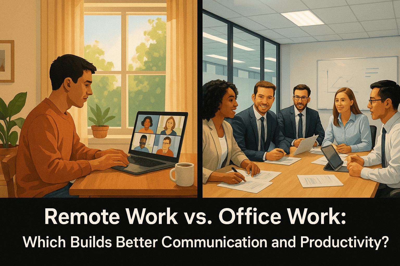 Comparison of remote work and office work environments highlighting communication and productivity differences